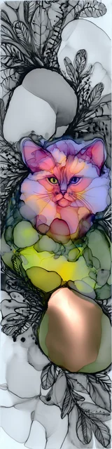 Free abstract cat art bookmarks featuring a pink face cat with a gold piece